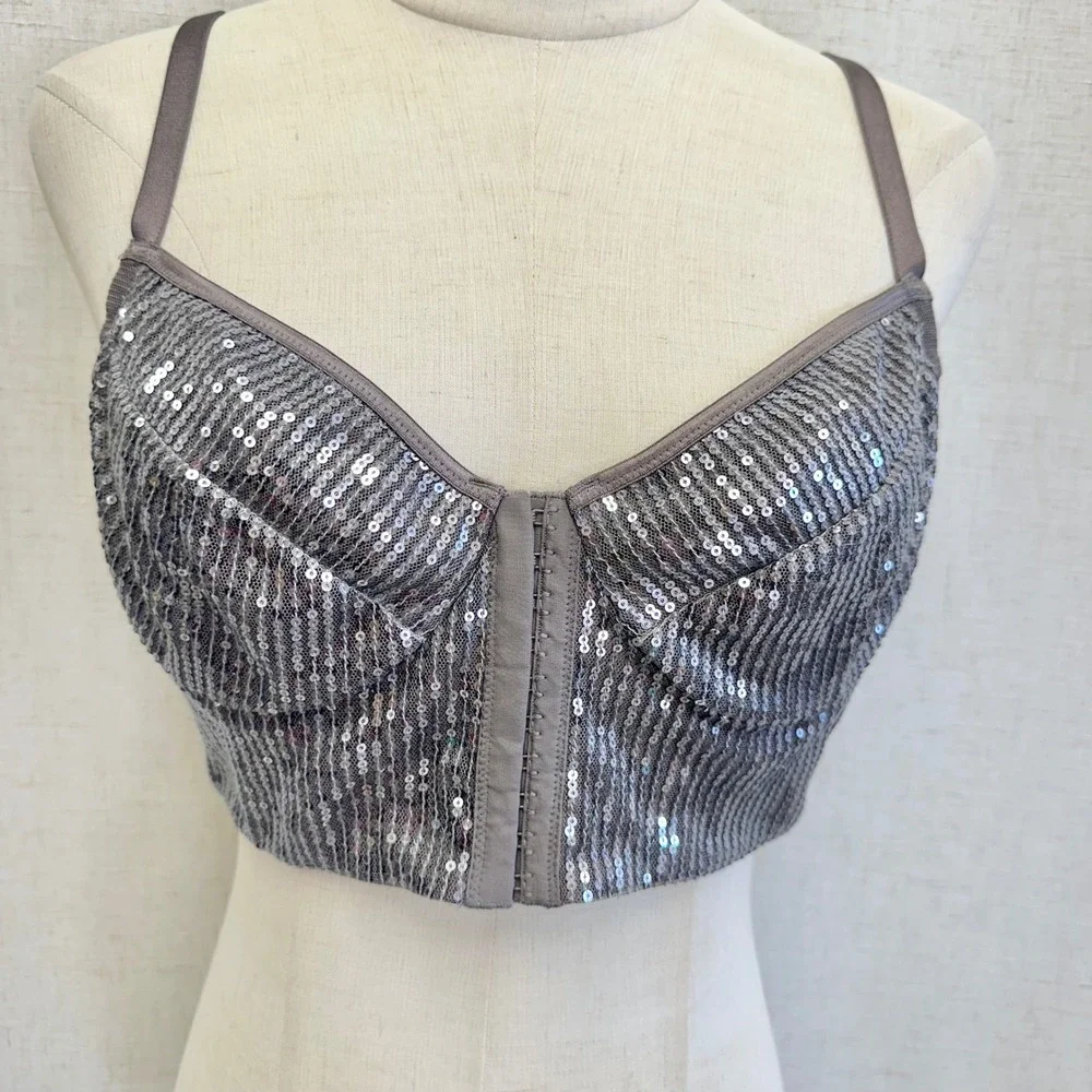 Moda International Sequin Bustier Crop Top Charcoal Grey Corset Bralette Size 12
